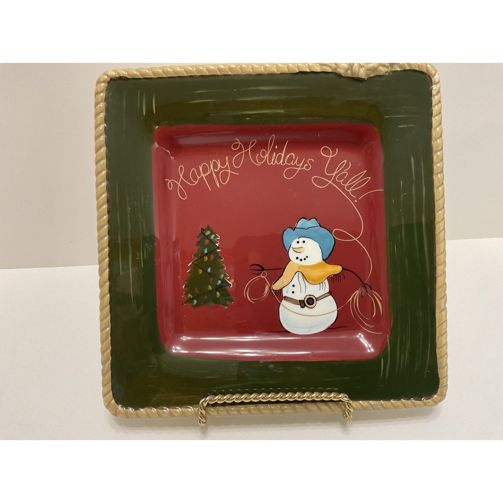Sonoma Happy Trails Holiday Snowman Cowboy Ceramic‎ Square Platter Red Green 8"